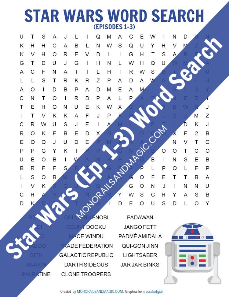 Free printable word search for the Star Wars Episodes 1-3 movies.