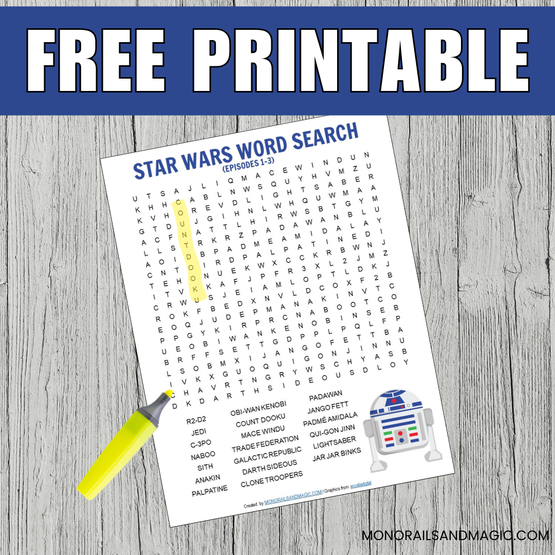 Free printable Star Wars Episodes 1-3 word search for kids.