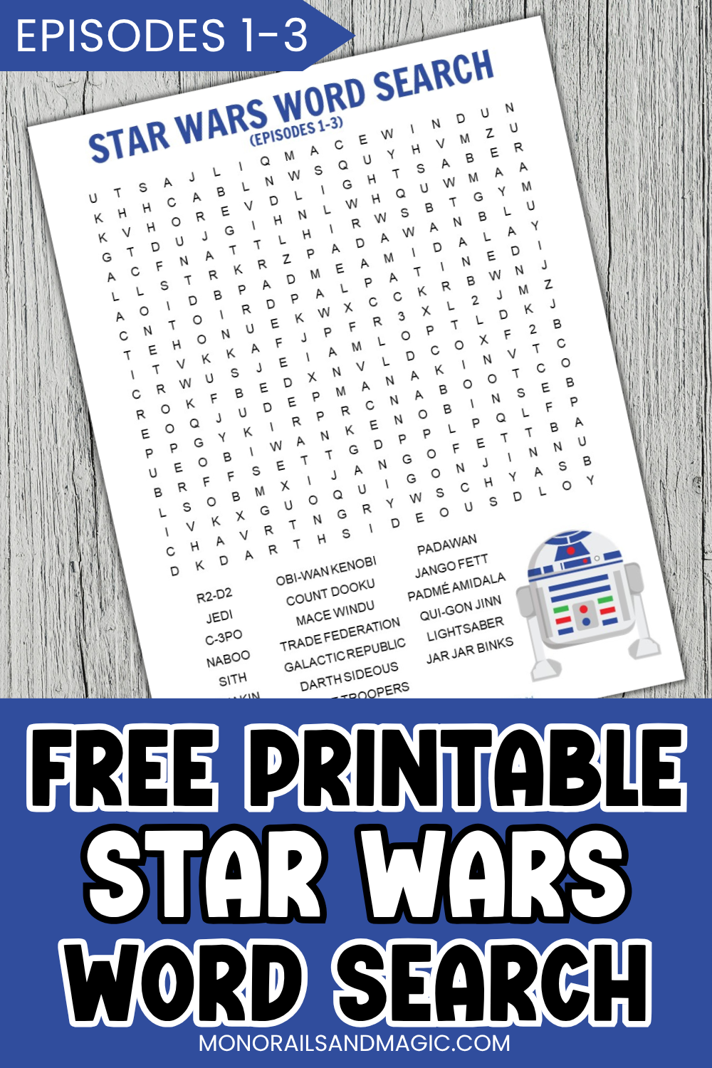 Free printable Star Wars Episodes 1-3 word search for kids.