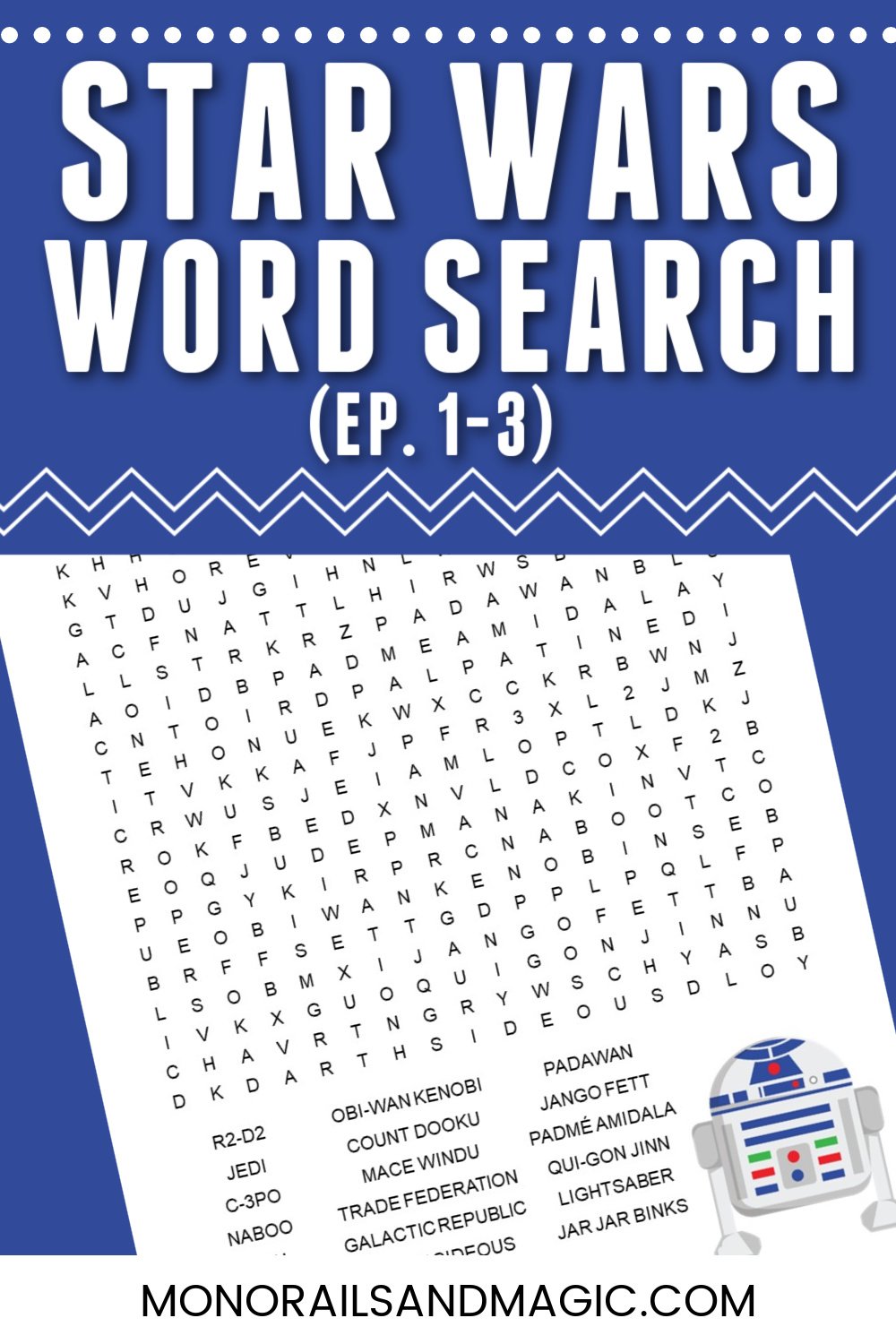 Free printable word search for the Star Wars Episodes 1-3 movies.