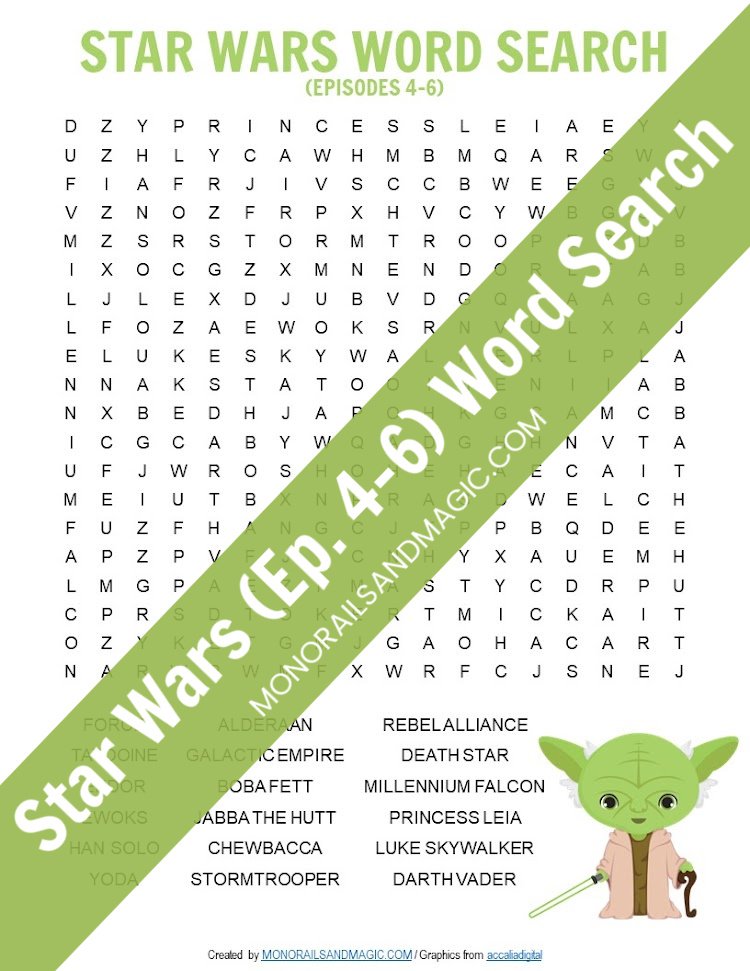 Free printable word search for the Star Wars Episodes 4-6 movies.