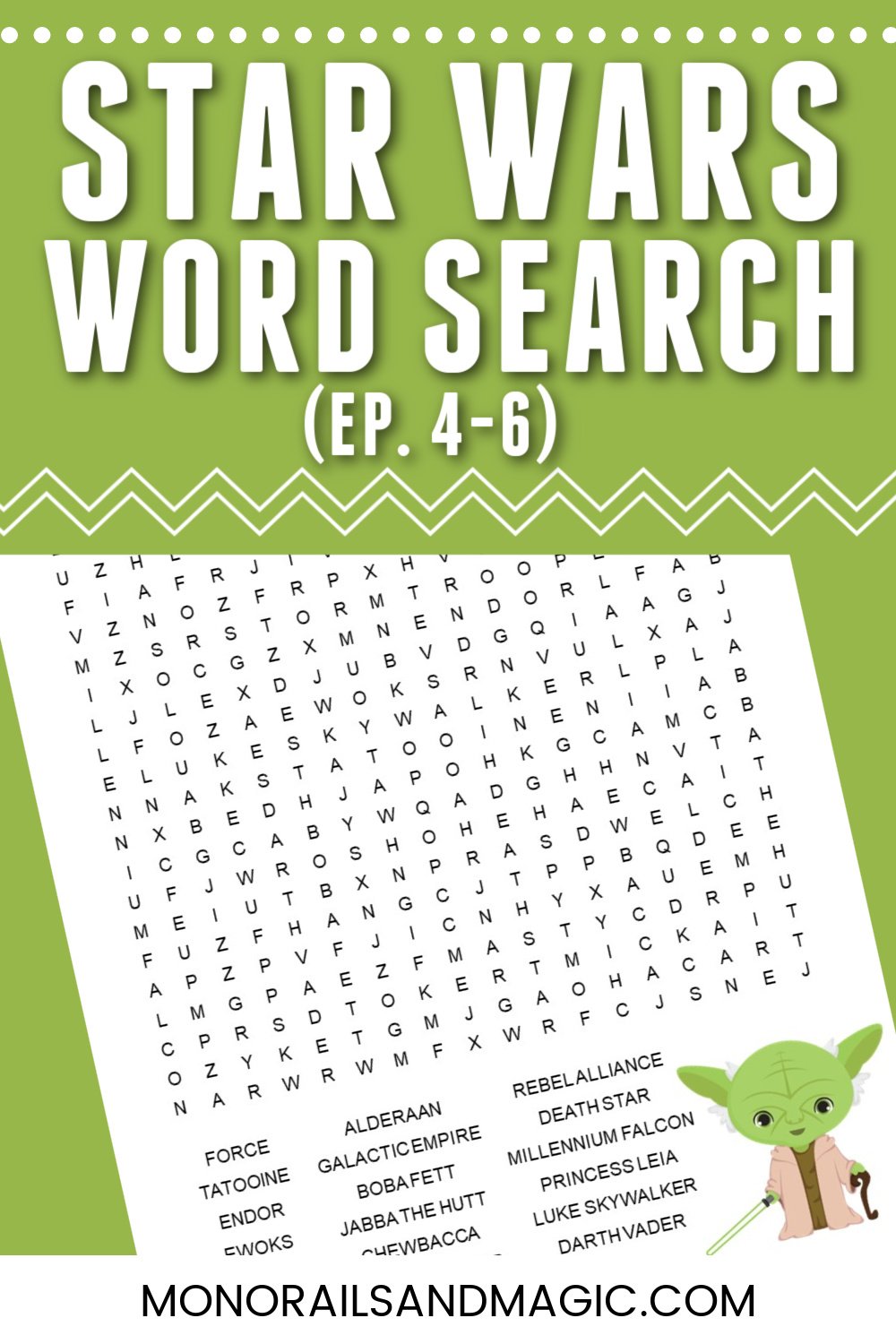 Free printable word search for the Star Wars Episodes 4-6 movies.