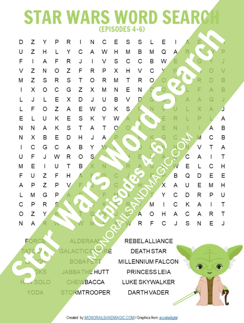 Free printable word search for the Star Wars Episodes 4-6 movies.