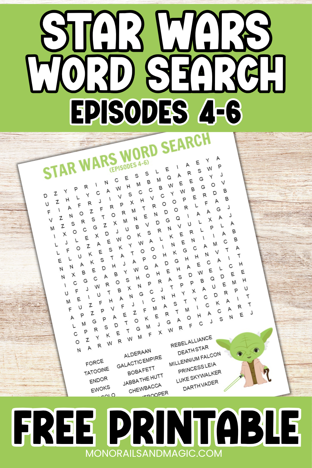 Free printable word search for the Star Wars Episodes 4-6 movies.