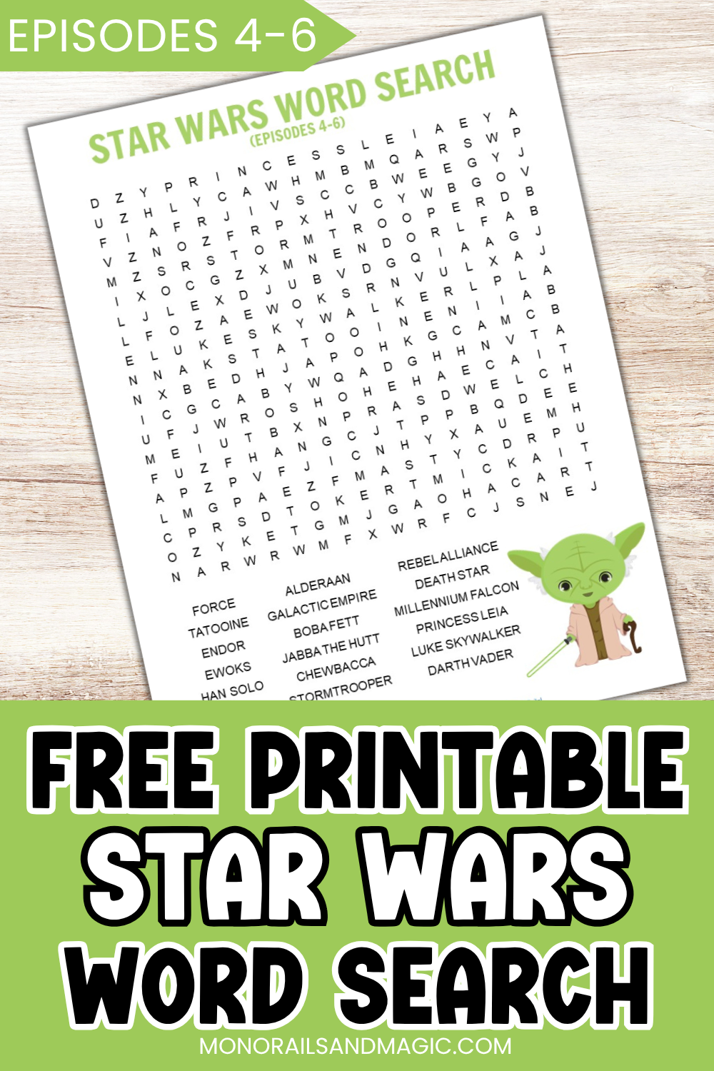 Free printable word search for the Star Wars Episodes 4-6 movies.
