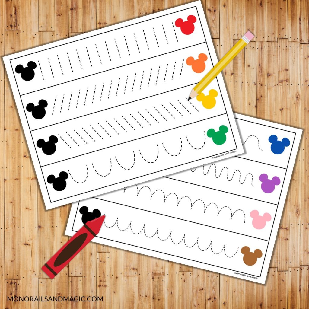 Mickey colors themed tracing practice pages for kids.