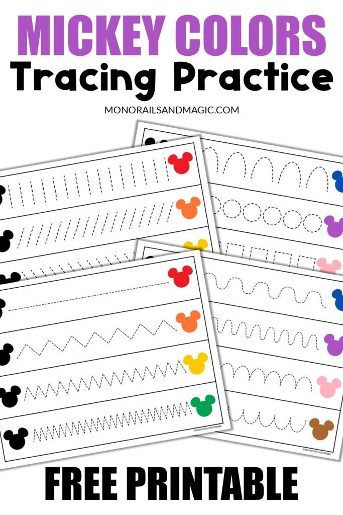 Mickey colors themed tracing practice pages for kids.