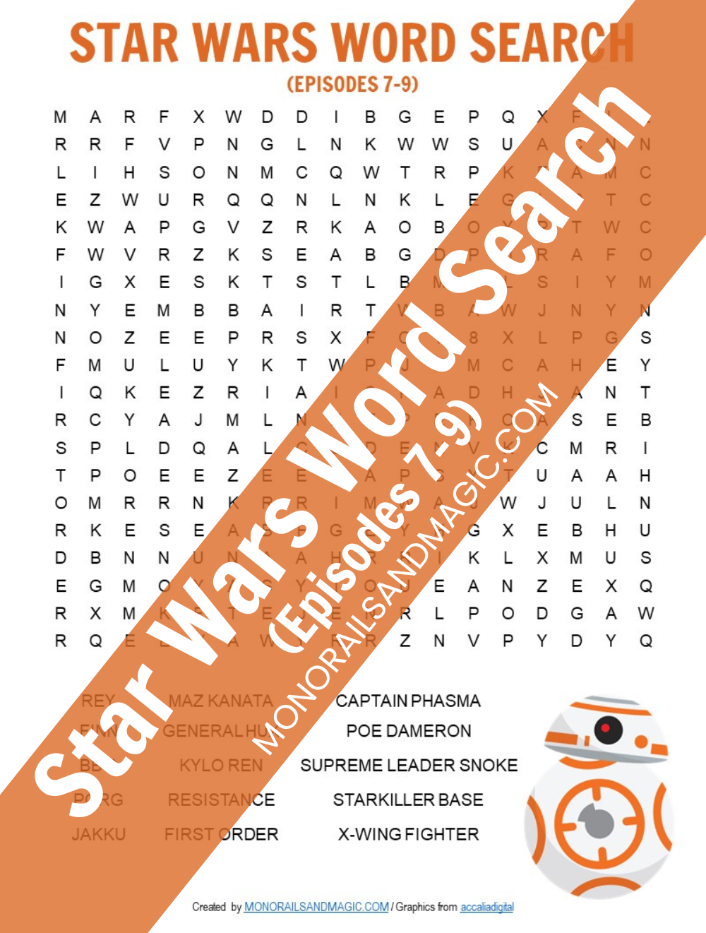Free printable word search for the Star Wars Episodes 7-9 movies.