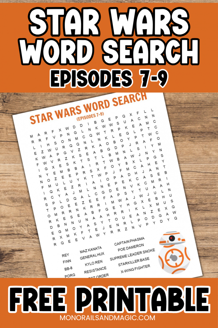 Free printable word search for the Star Wars Episodes 7-9 movies.