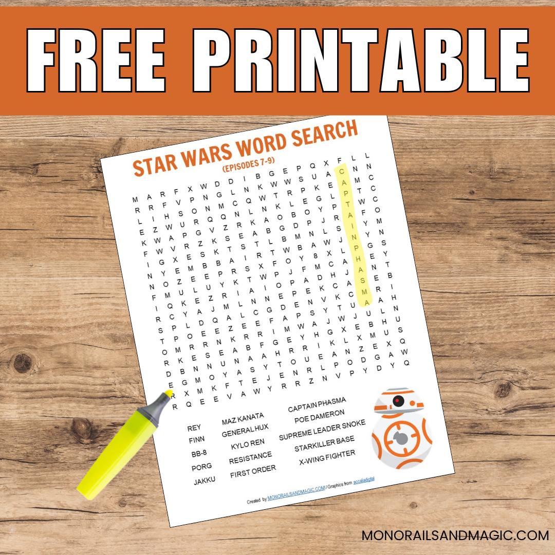 Free printable word search for the Star Wars Episodes 7-9 movies.