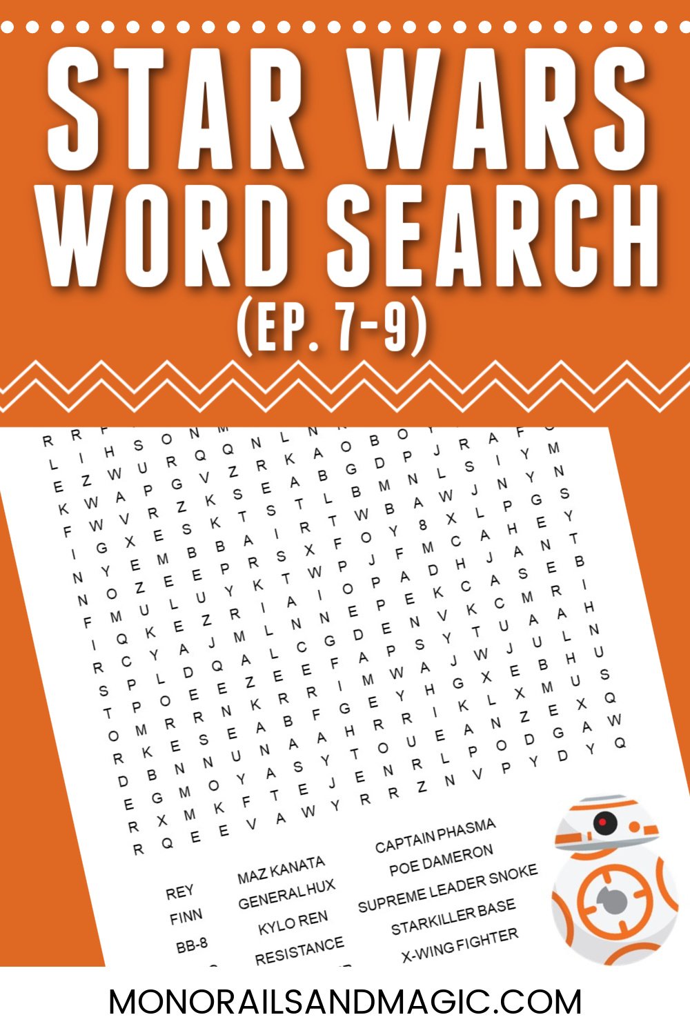 Free printable word search for the Star Wars Episodes 7-9 movies.