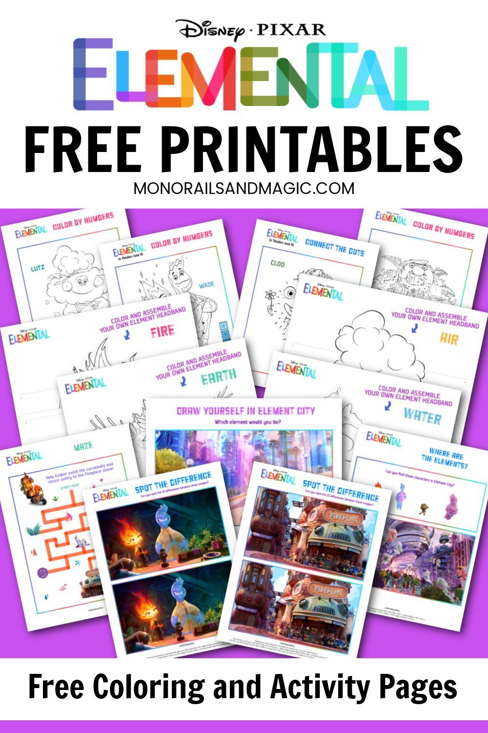 Free printable coloring and activity pages for Disney/Pixar's Elemental movie.