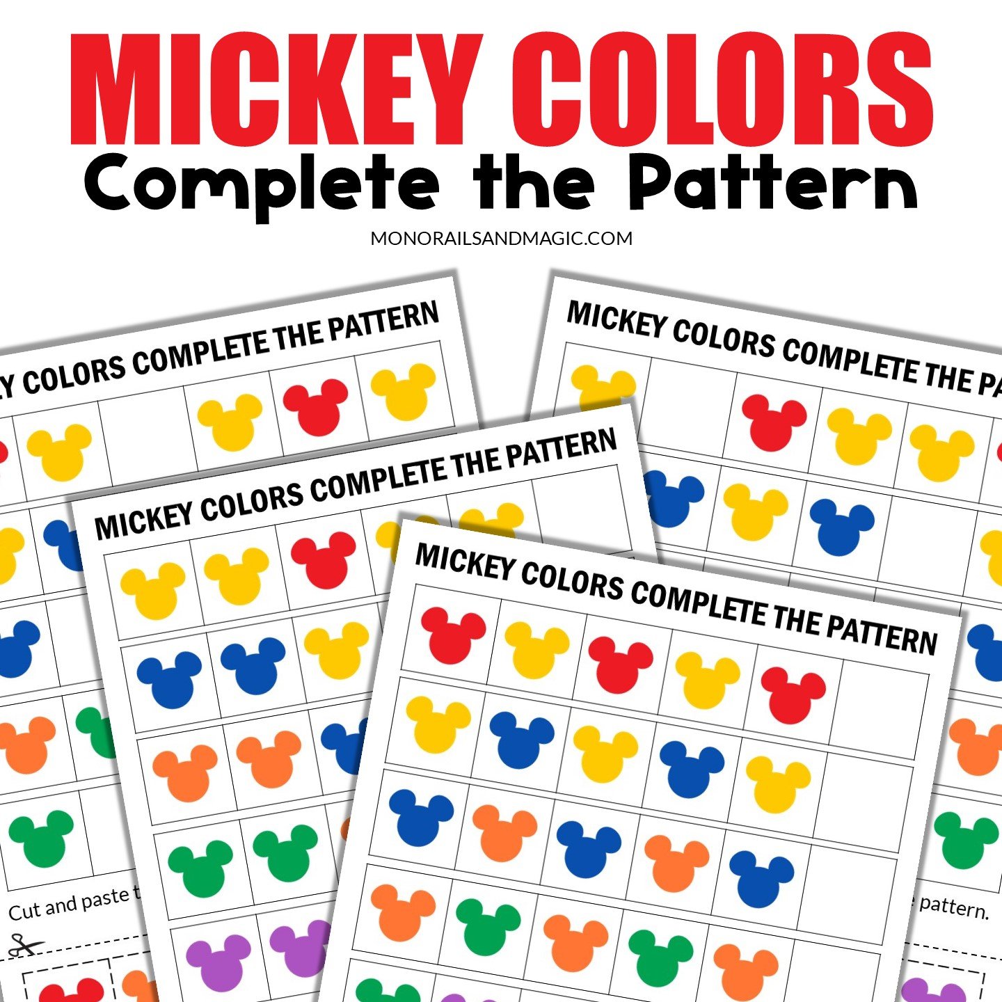Free printable Mickey colors complete the pattern pages for kids.