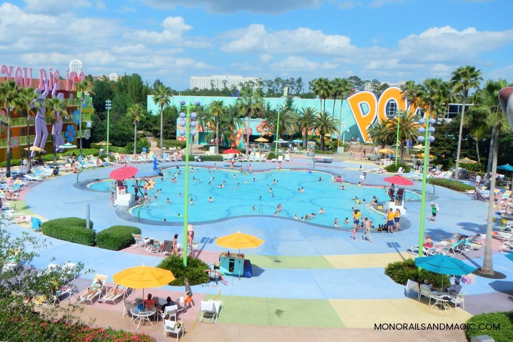 An overview from above the Hippy Dippy pool at Disney's Pop Century Resort.