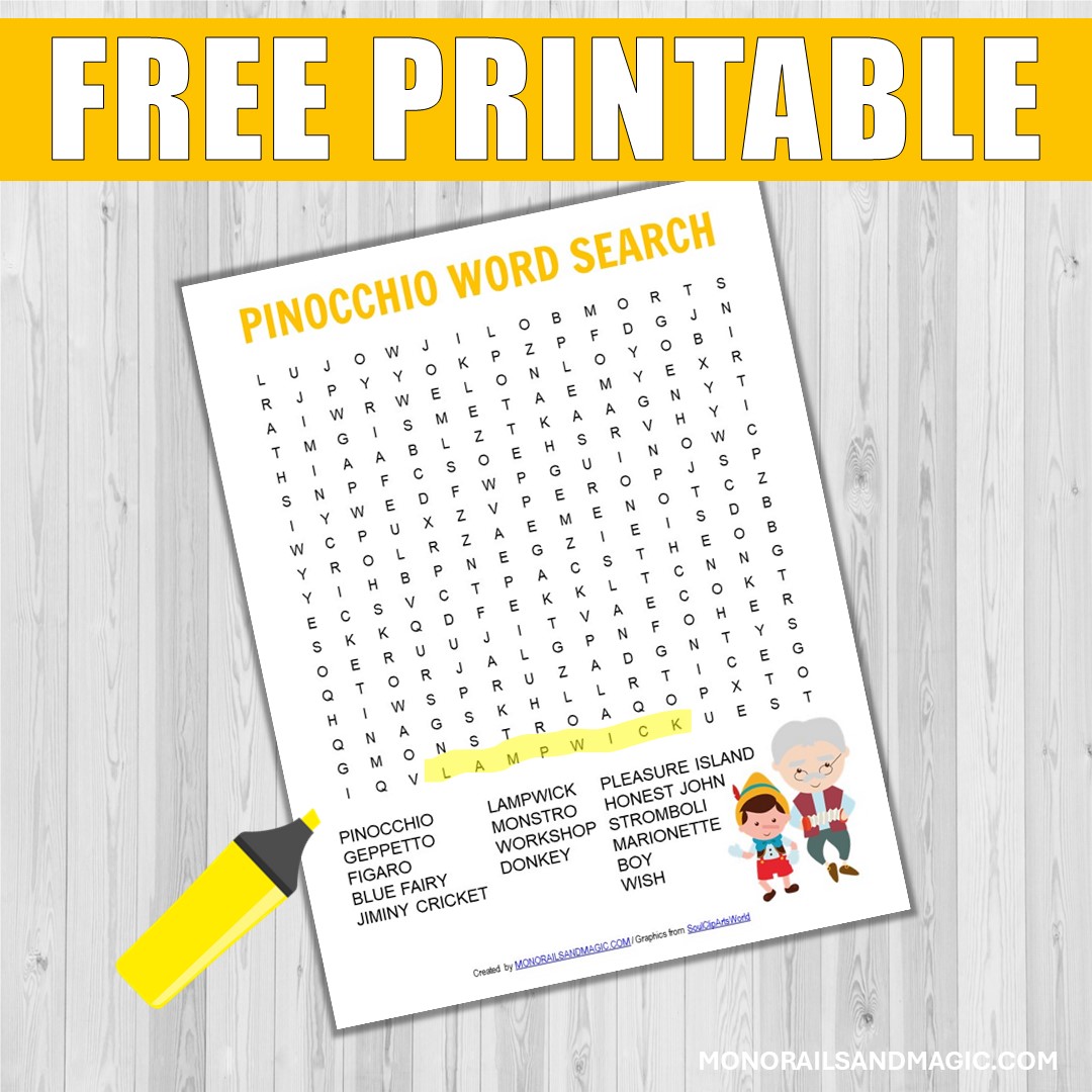 Free printable Pinocchio word search for kids.