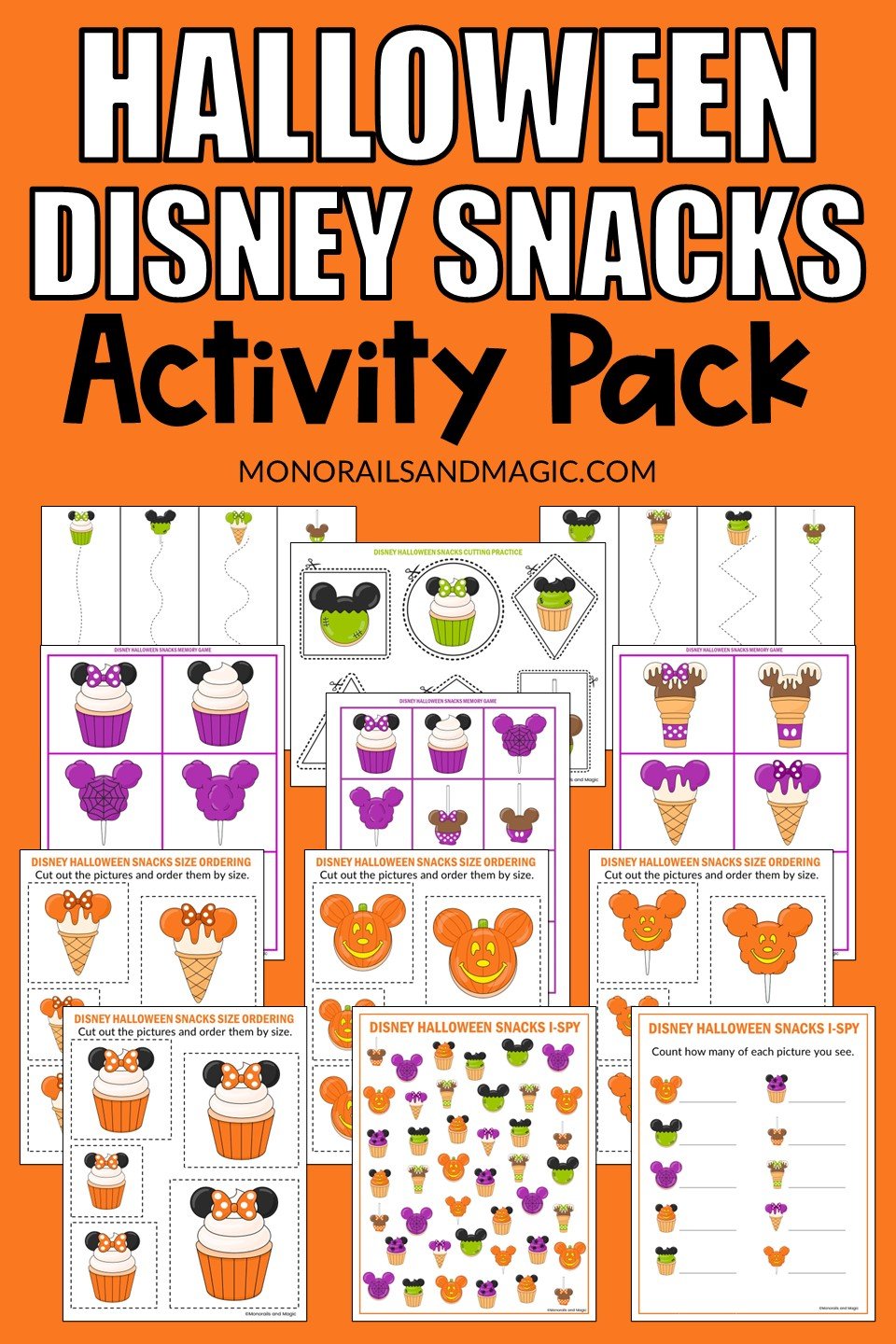 Printable Disney Halloween snacks themed mini activity pack for kids.