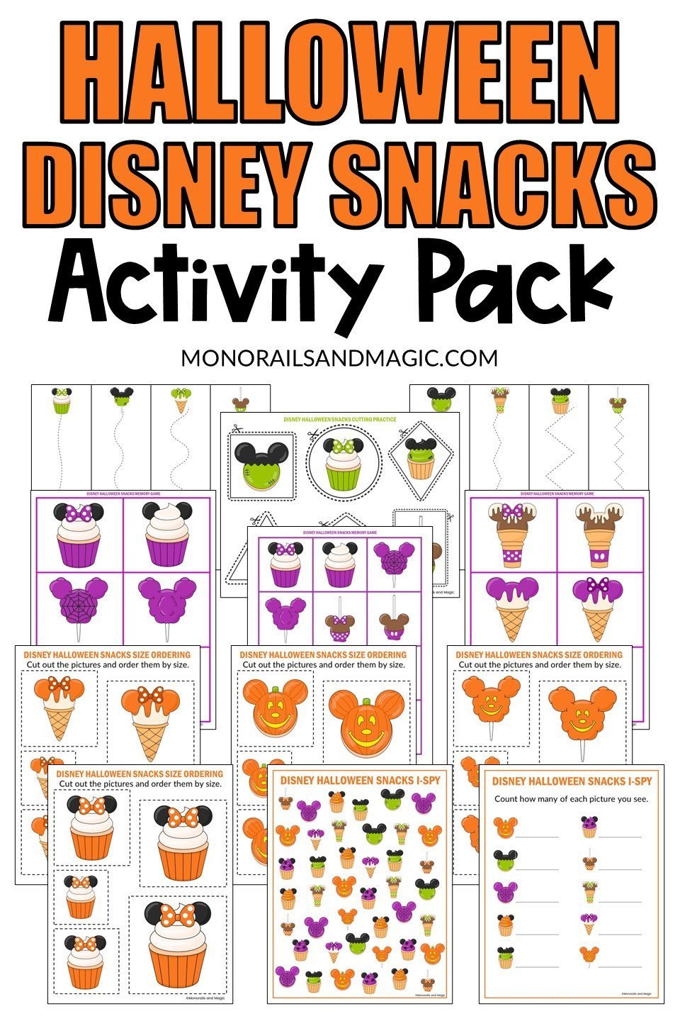 Printable Disney Halloween snacks mini activity pack for kids.