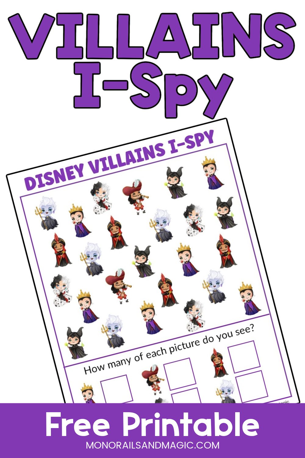 Free printable Disney villains I-Spy activity for kids.