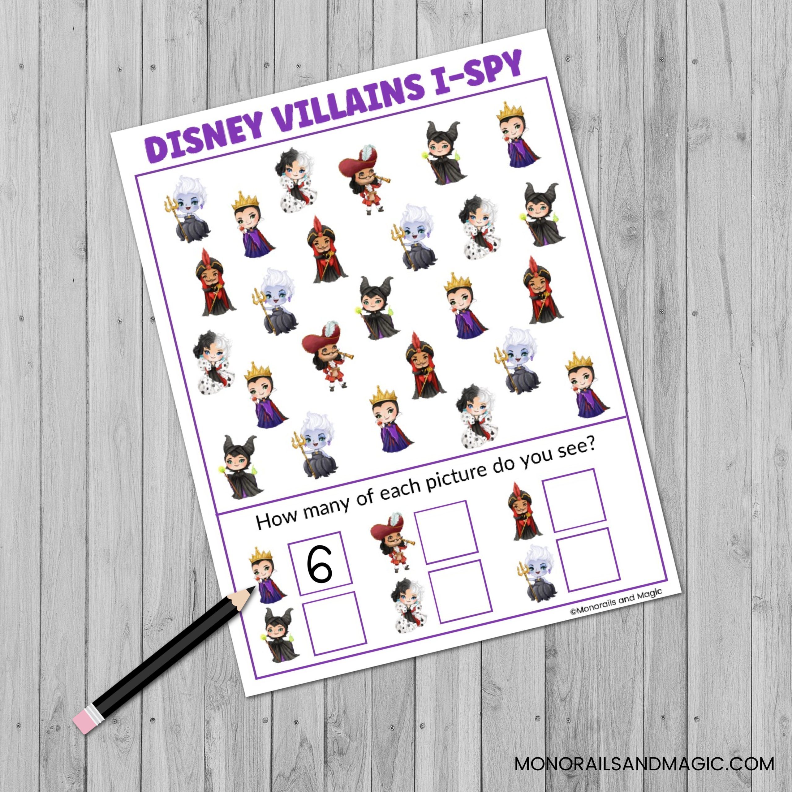 Free printable Disney villains I-Spy activity for kids.