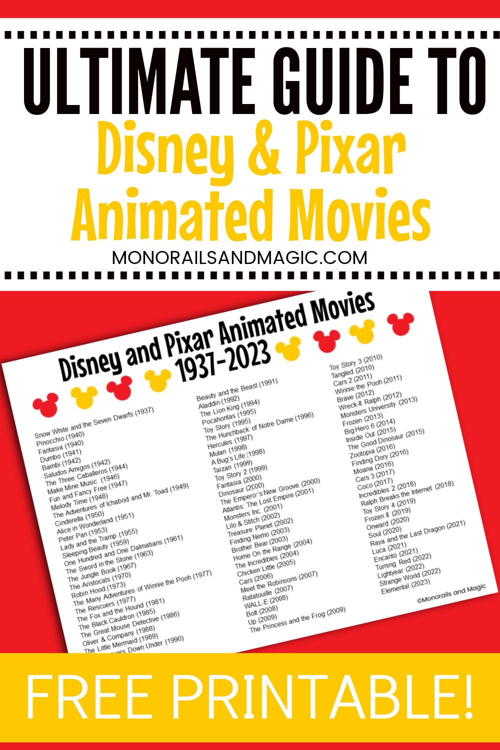 Printable list of Disney and Pixar animated movies from 1937 to 2019