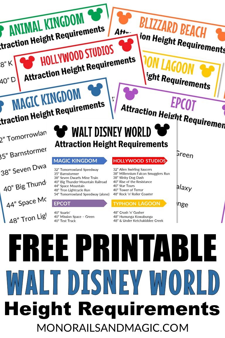 Free printable list of WDW attraction height requirements.