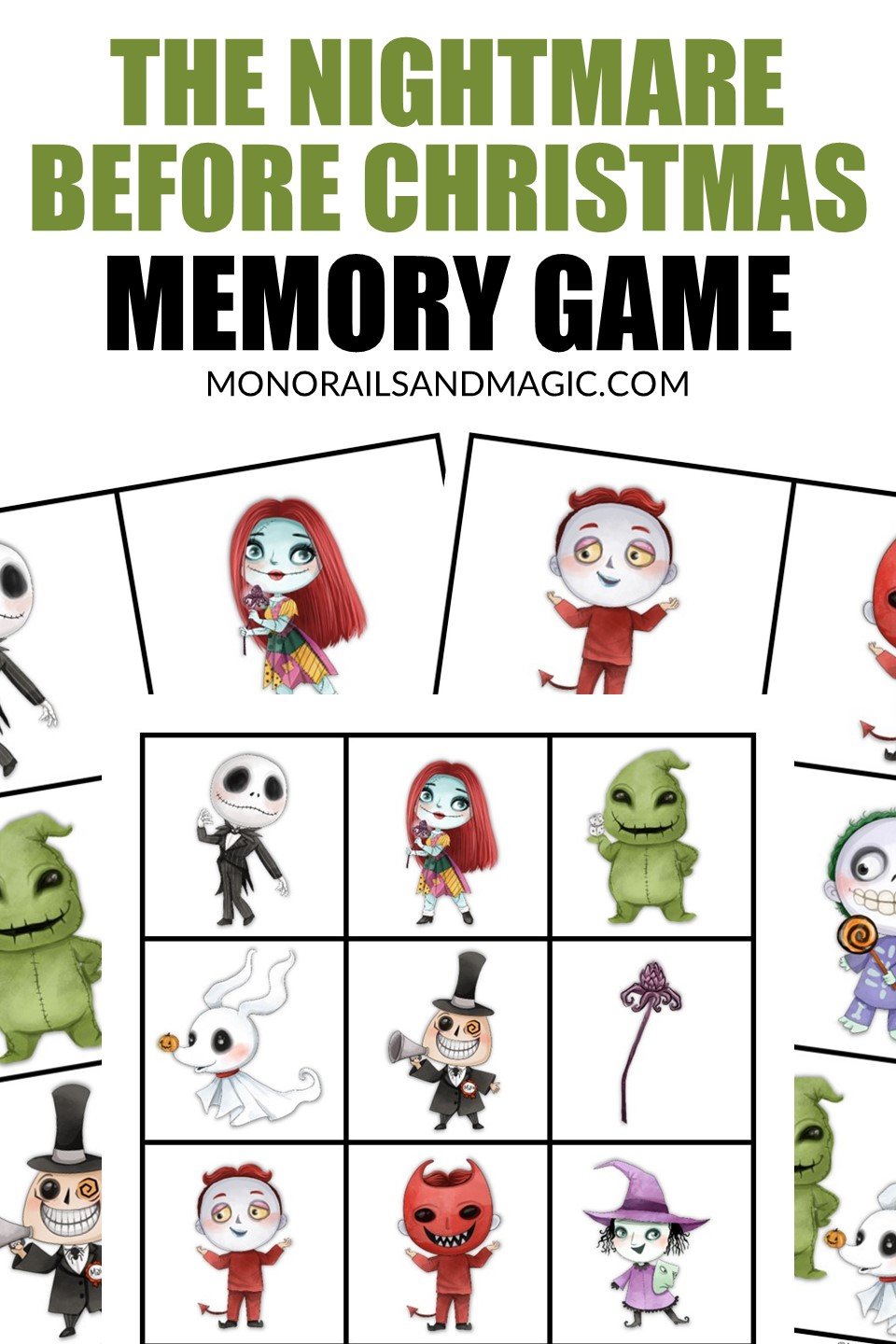 Free printable The Nightmare Before Christmas memory game for kids.