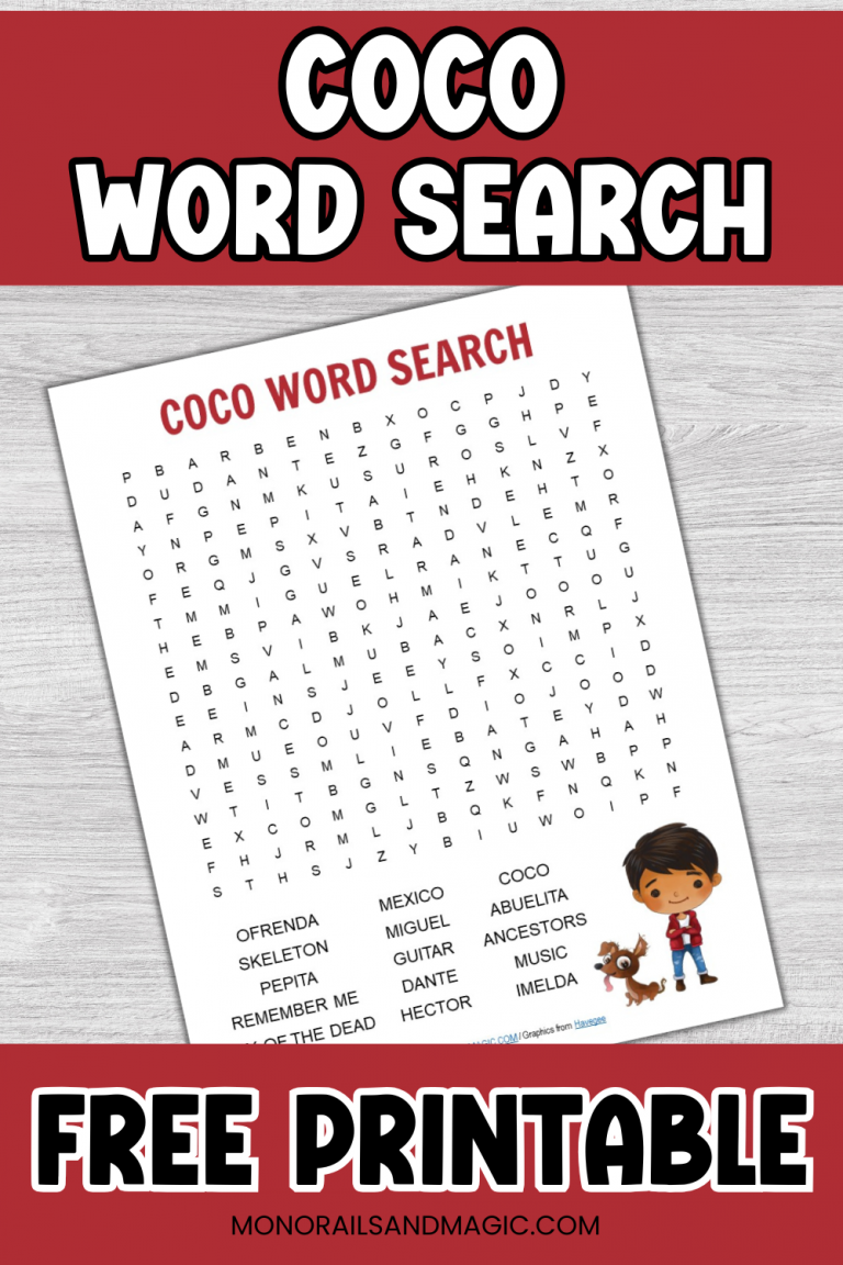 Free printable Coco word search for kids.
