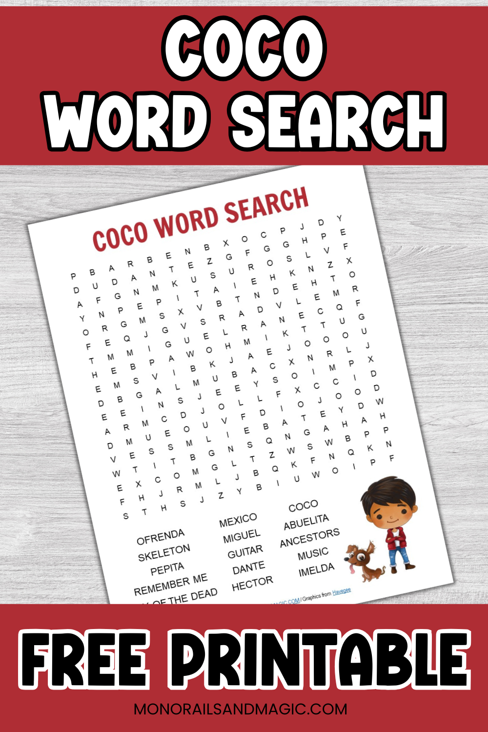 Free printable Coco word search for kids.