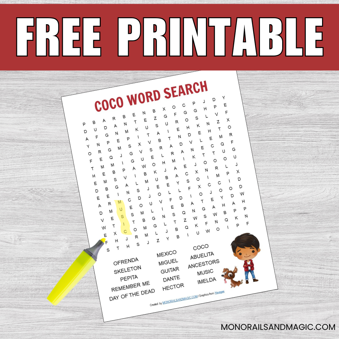 Free printable Coco word search for kids.