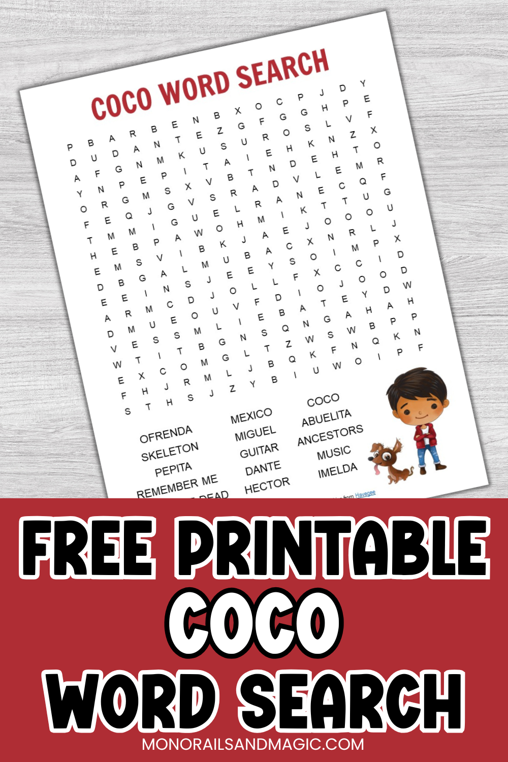 Free printable Coco word search for kids.