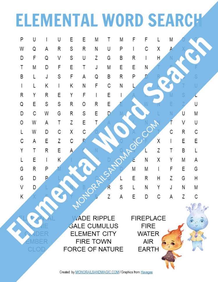 Free printable Elemental word search for kids.