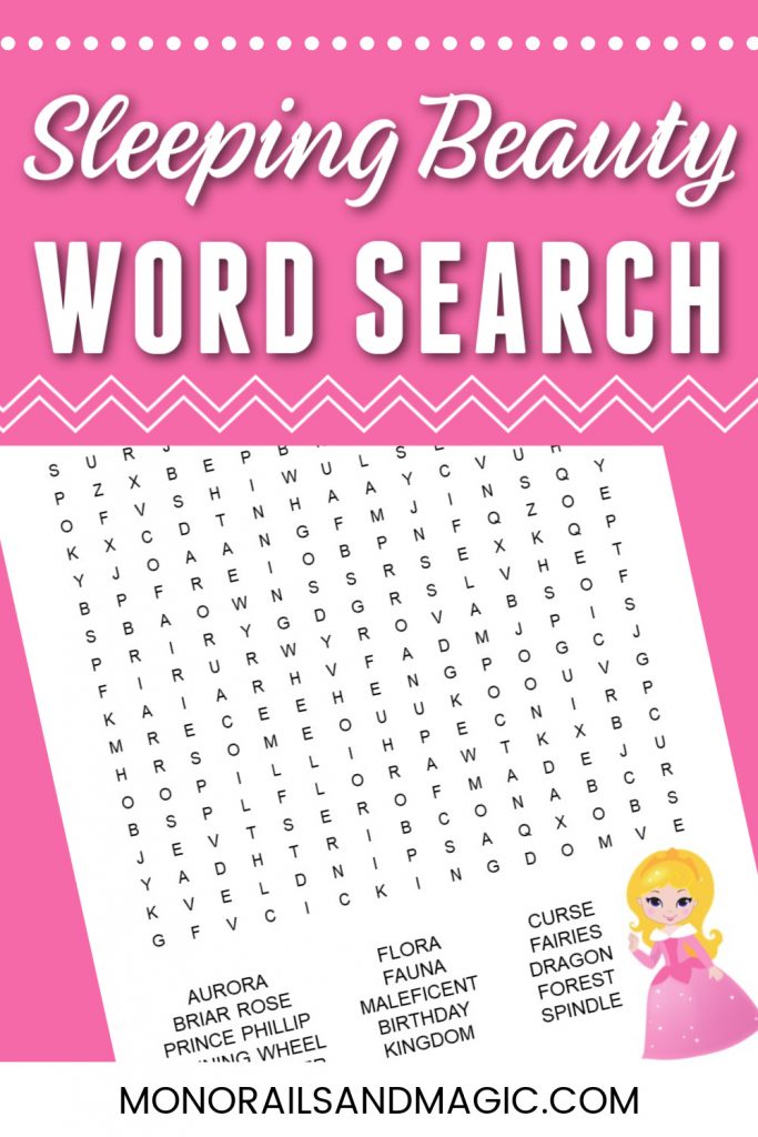 Free printable Sleeping Beauty word search for kids.