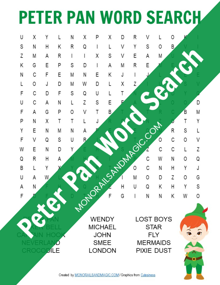 Free printable Peter Pan word search for kids.