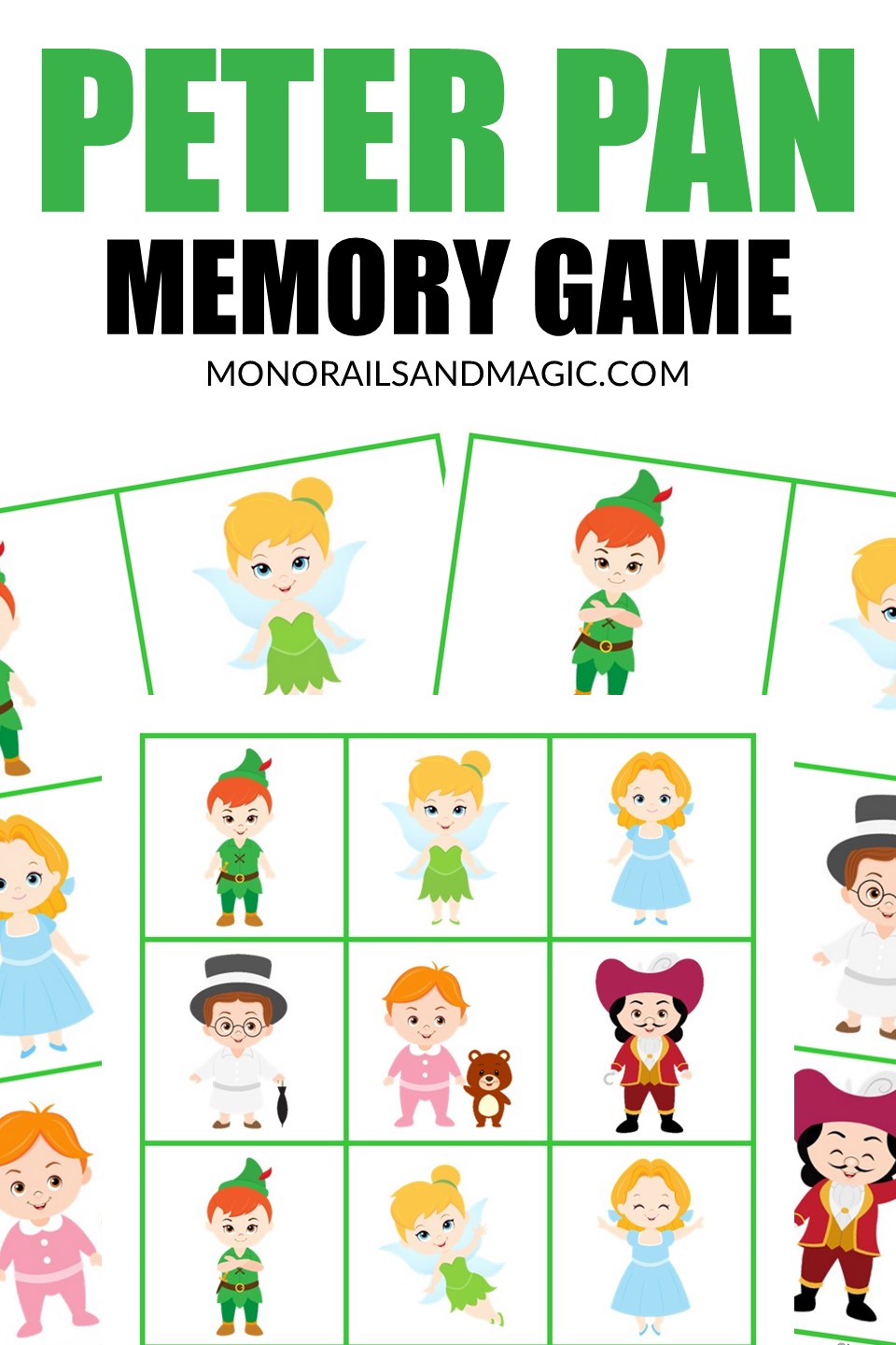 Free printable Peter Pan memory game for kids.