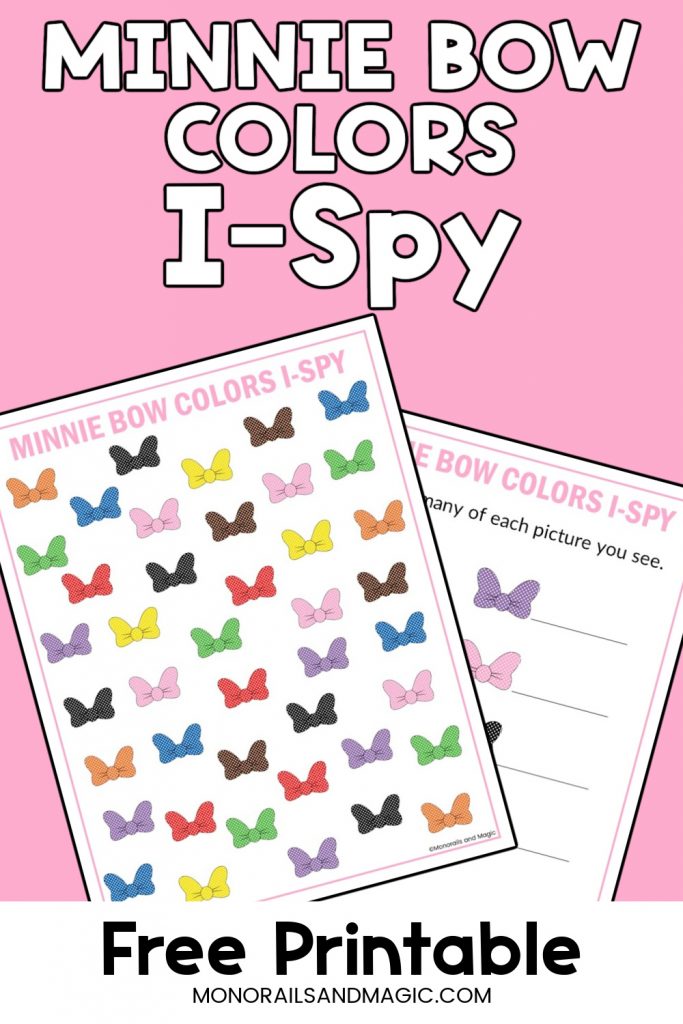 Free printable Minnie Mouse bow colors I-Spy activity for kids.