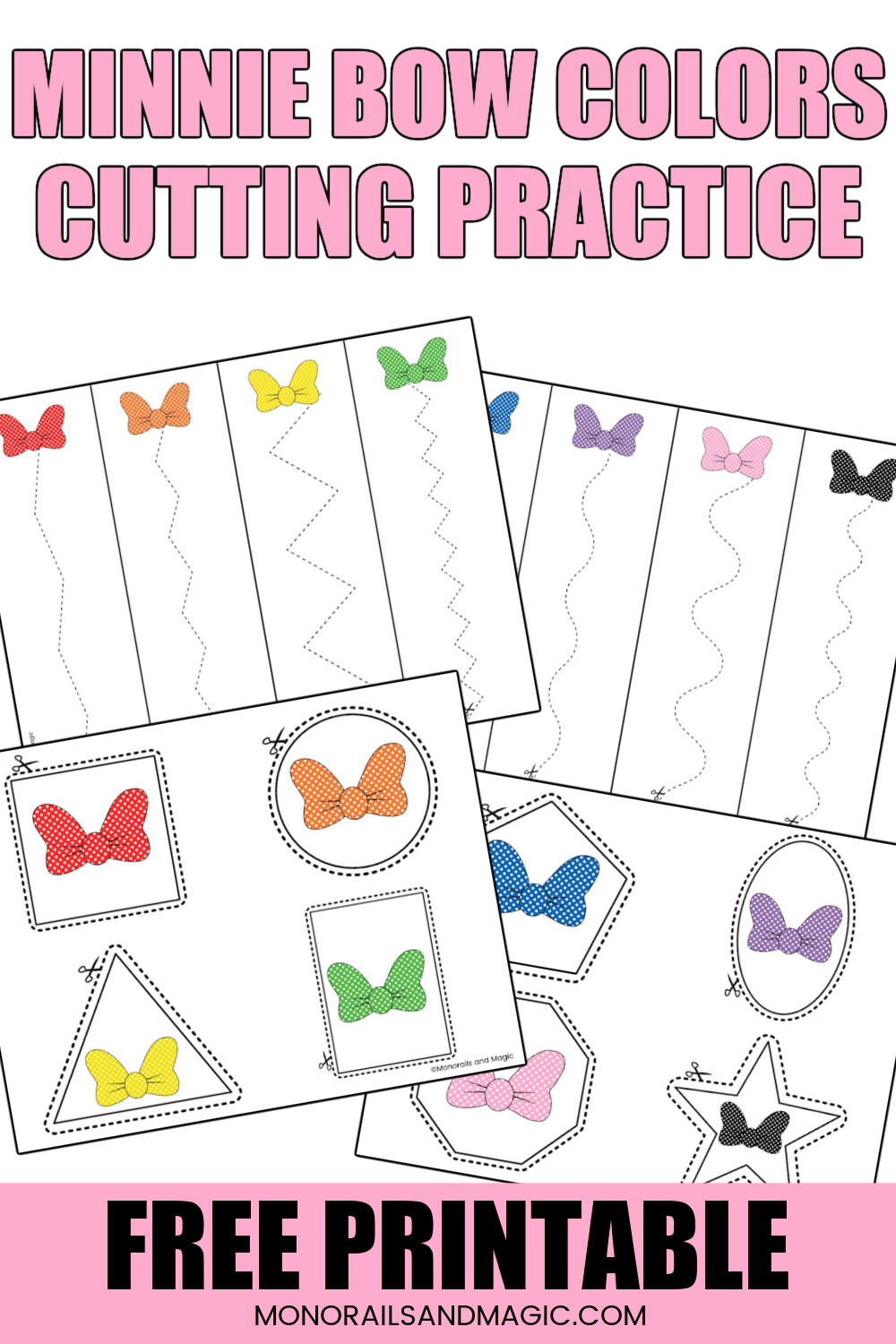 Free printable Minnie Mouse bow colors cutting practice pages for scissor skills.