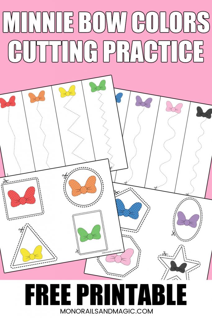 Free printable Minnie Mouse bow colors cutting practice pages for scissor skills.