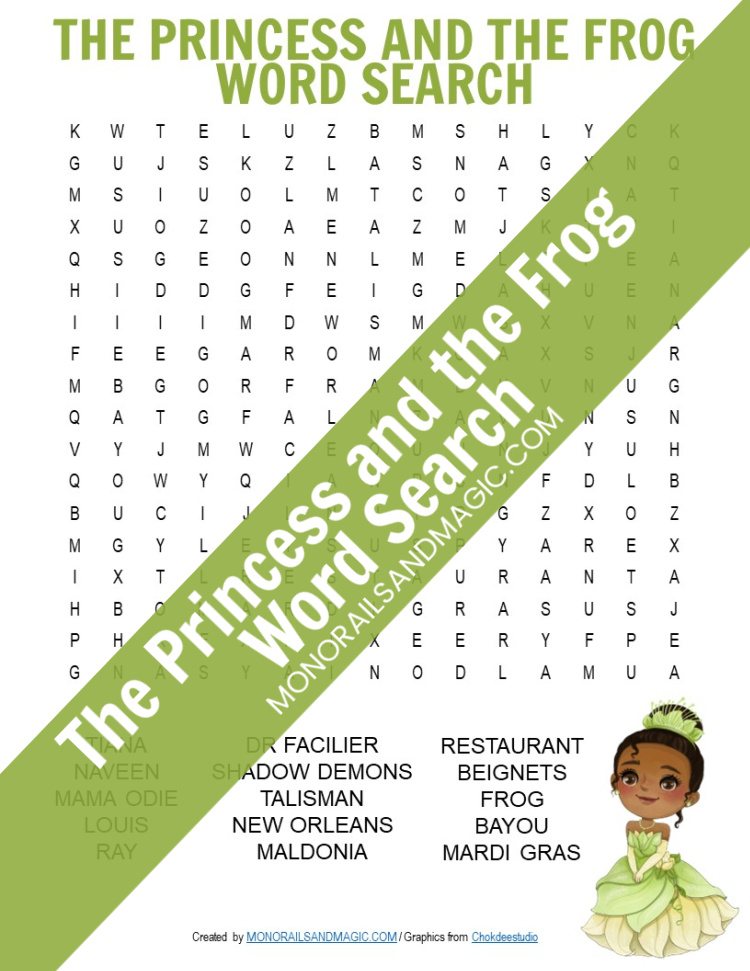 Free printable The Princess and the Frog word search for kids.