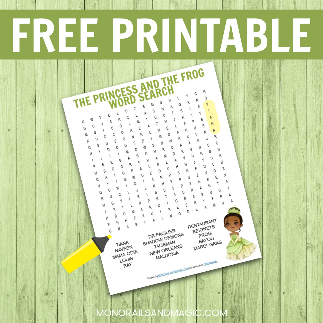 Free printable The Princess and the Frog word search for kids.