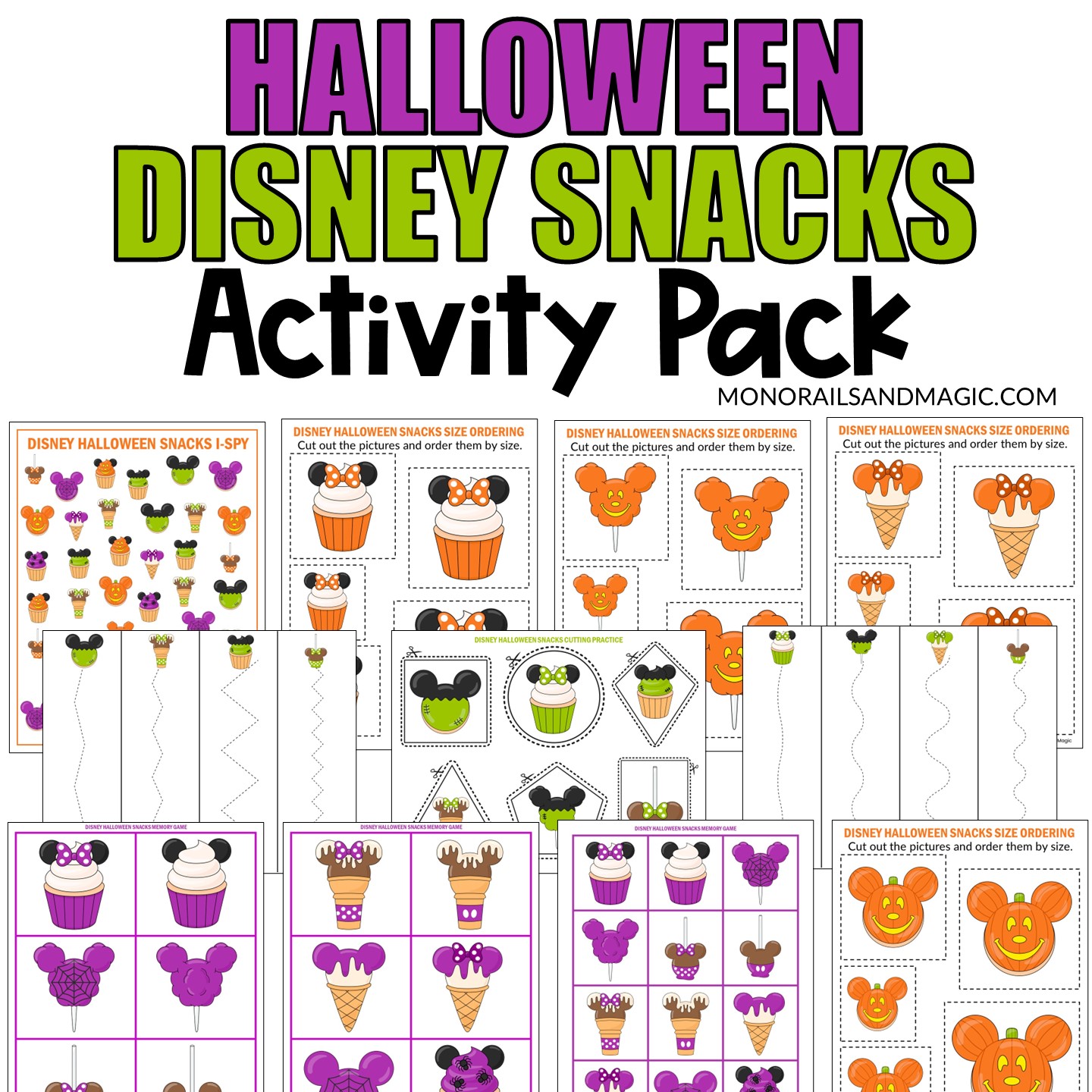 Activity pack for kids with a Disney Halloween snacks theme.