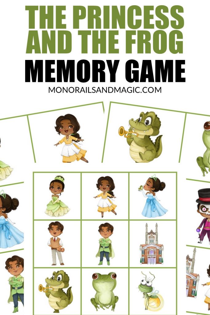 Free printable The Princess and the Frog memory game for kids.