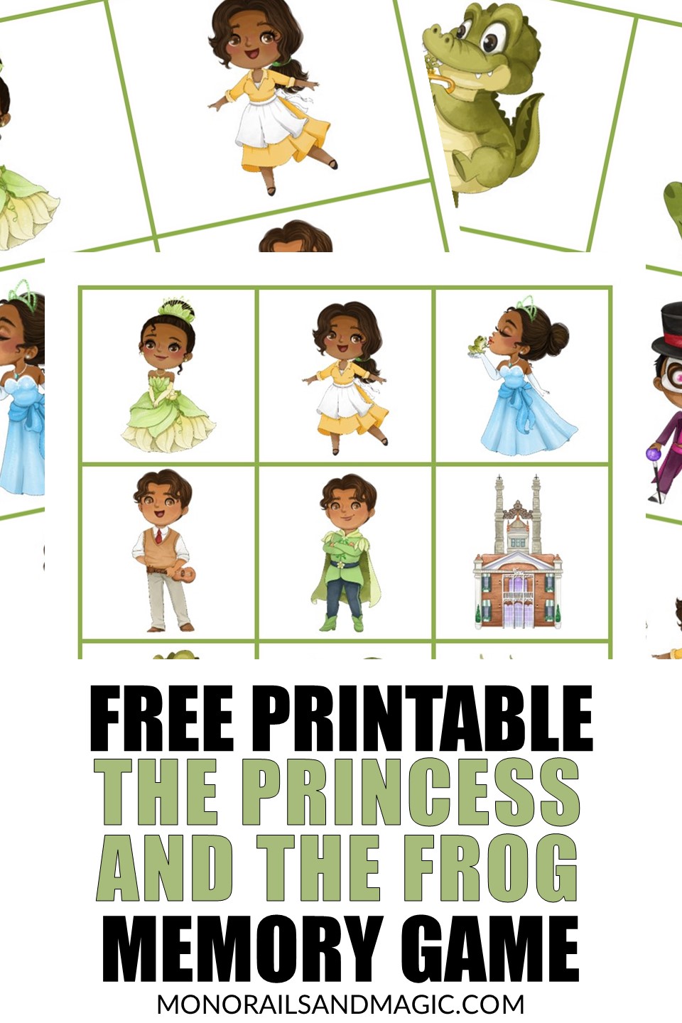 Free printable The Princess and the Frog memory game for kids.