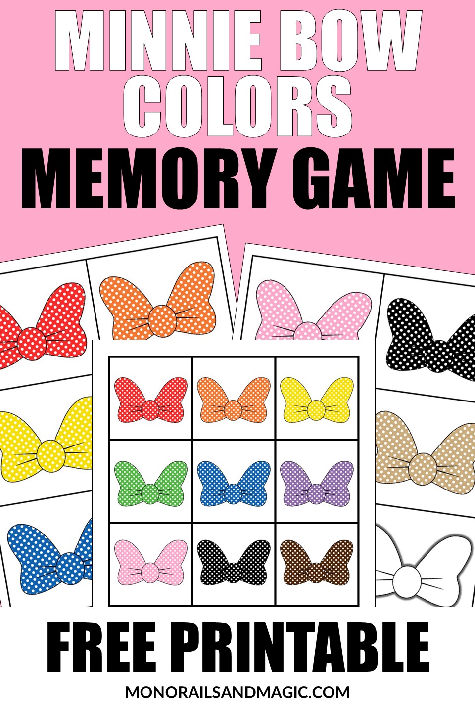 Free printable Minnie Mouse bow colors memory game for kids.