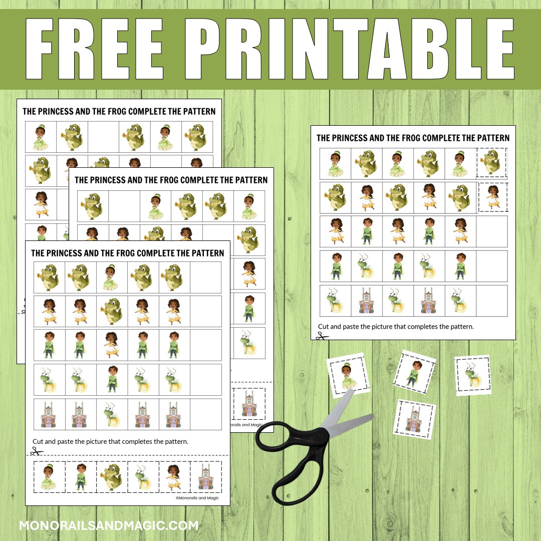 Free printable The Princess and the Frog complete the pattern activity for kids.