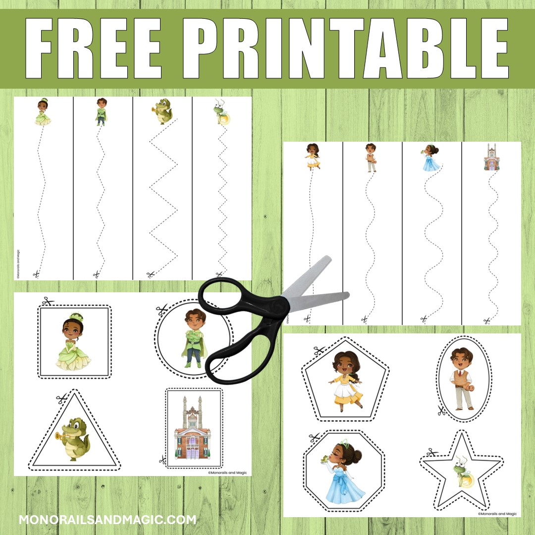 Free printable The Princess and the Frog cutting practice for kids.