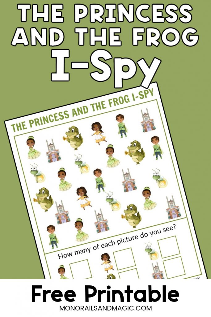 Free printable The Princess and the Frog I-Spy activity for kids.