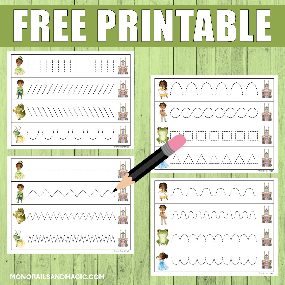 Free printable The Princess and the Frog tracing practice for kids.