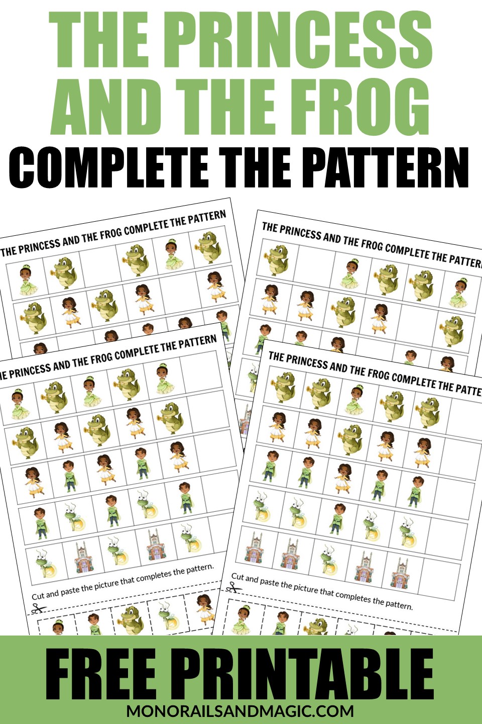 Free printable The Princess and the Frog complete the pattern activity for kids.