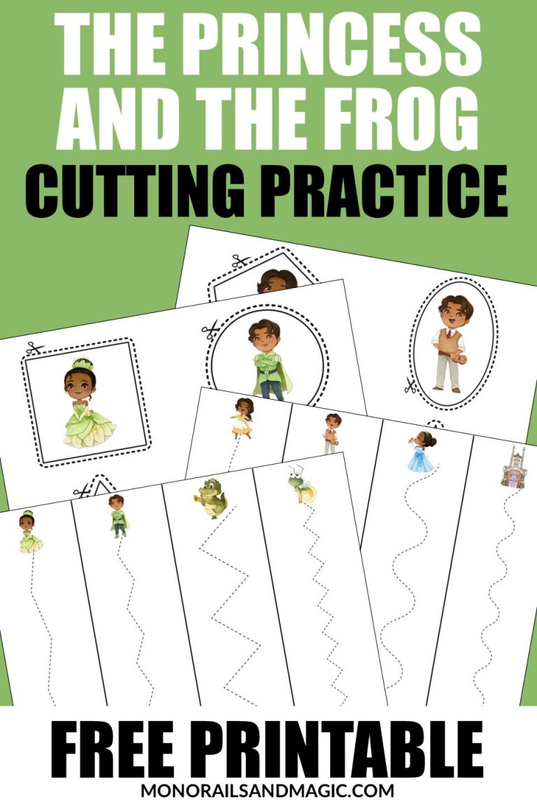 Free printable The Princess and the Frog cutting practice pages for kids.