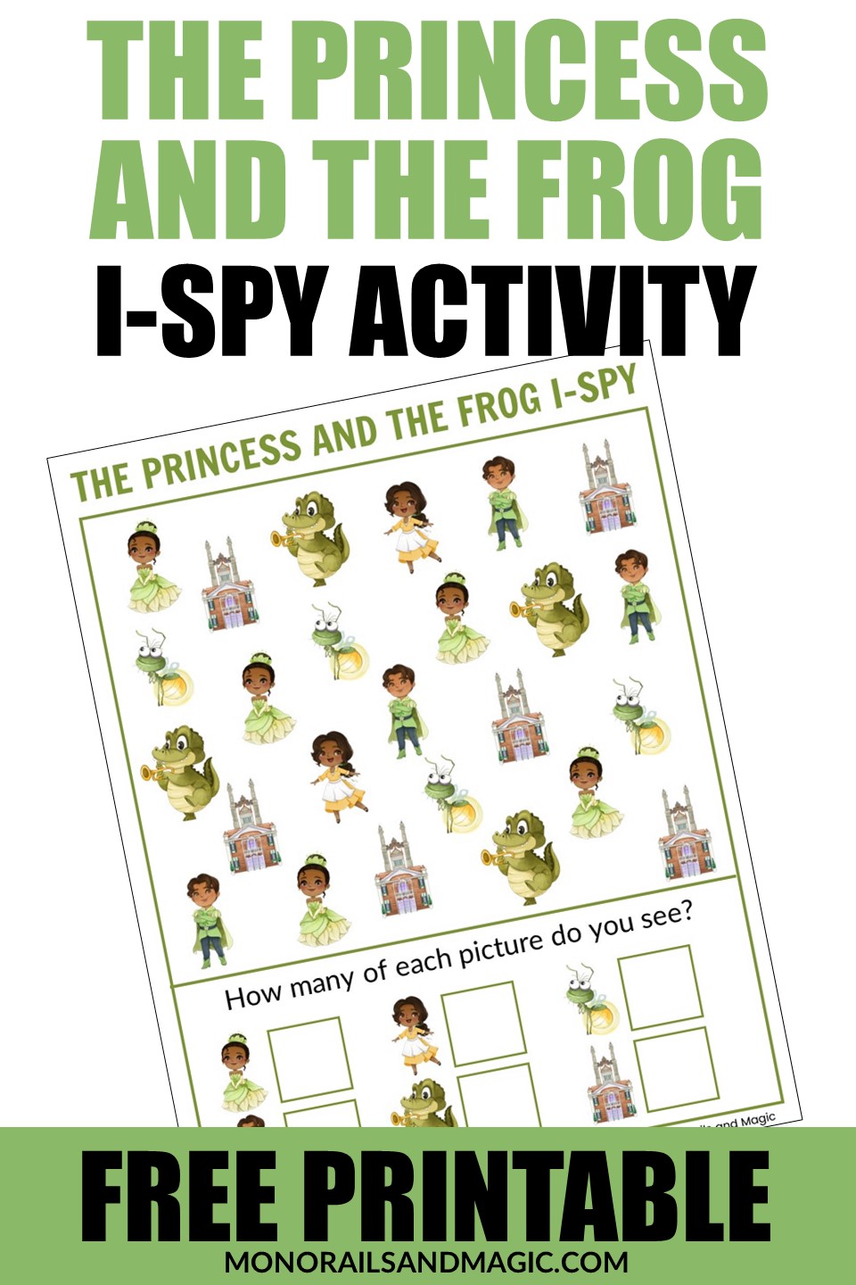 Free printable The Princess and the Frog I-Spy activity for kids.